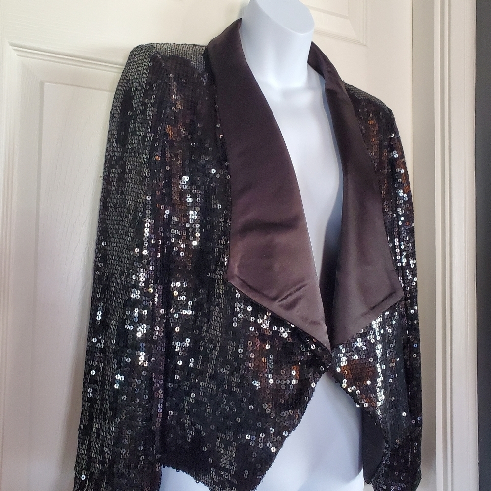 Alice + Olivia Black Warren Sequined Open Blazer Jacket Black Satin Collar Open - Picture 4 of 15